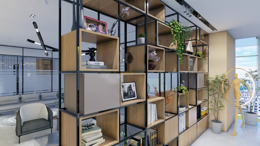 Custom geometric open-shelving room divider and contemporary residential lounge.