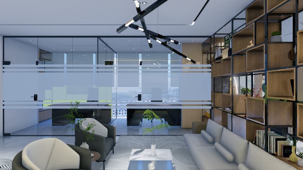 Acoustic glass partitions and executive office suites with linear designer chandeliers.