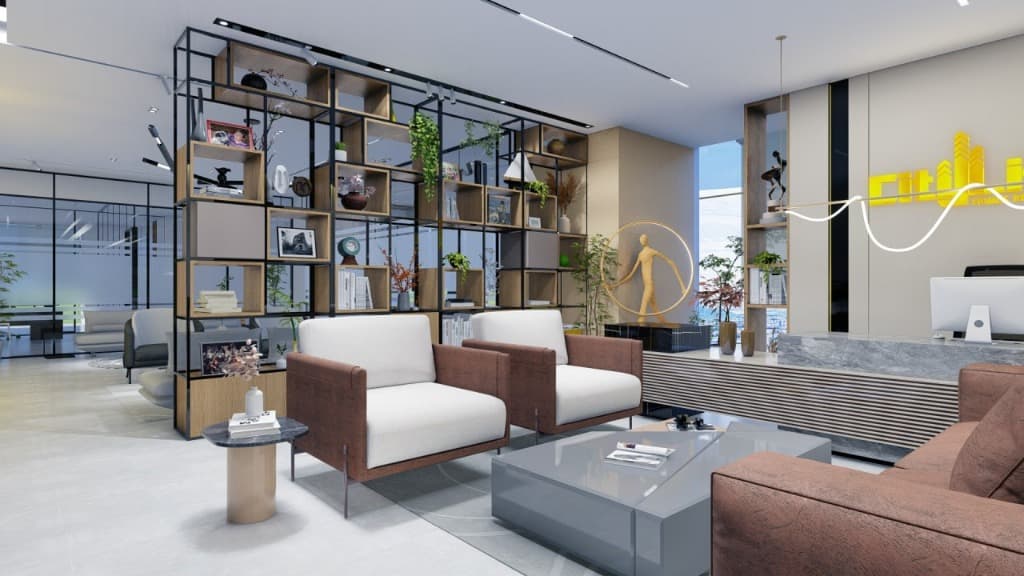 Executive showroom & reception lobby with bespoke armchairs, travertine tables, and bronze sculpture.