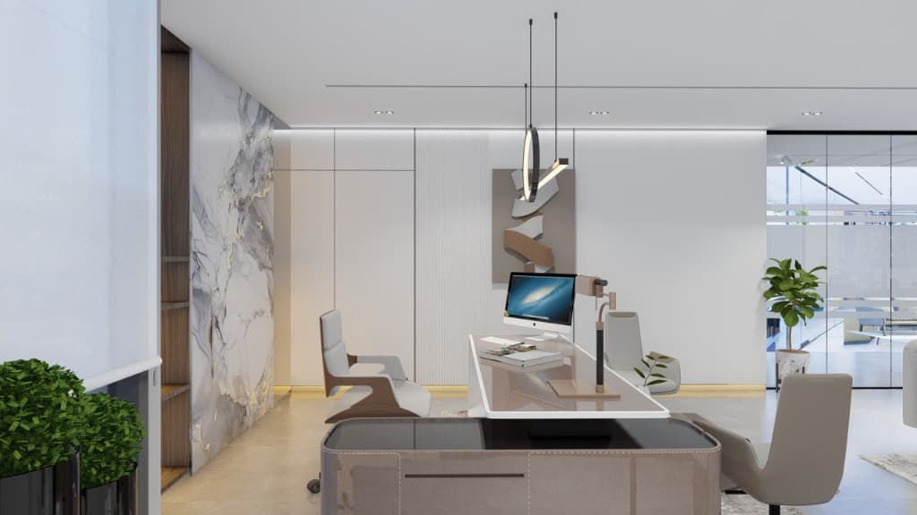 Executive director office suite with marble slab feature wall and bespoke cantilevered desk.