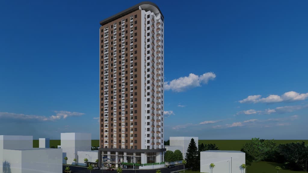 Architectural render showing facade material balance and high-altitude residential balconies.