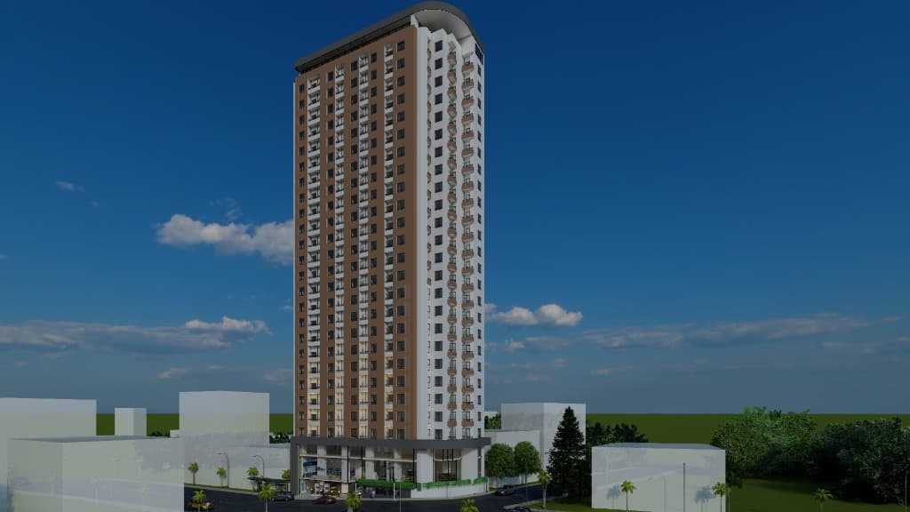 Tower massing, balcony rhythm, and rooftop crown detail.
