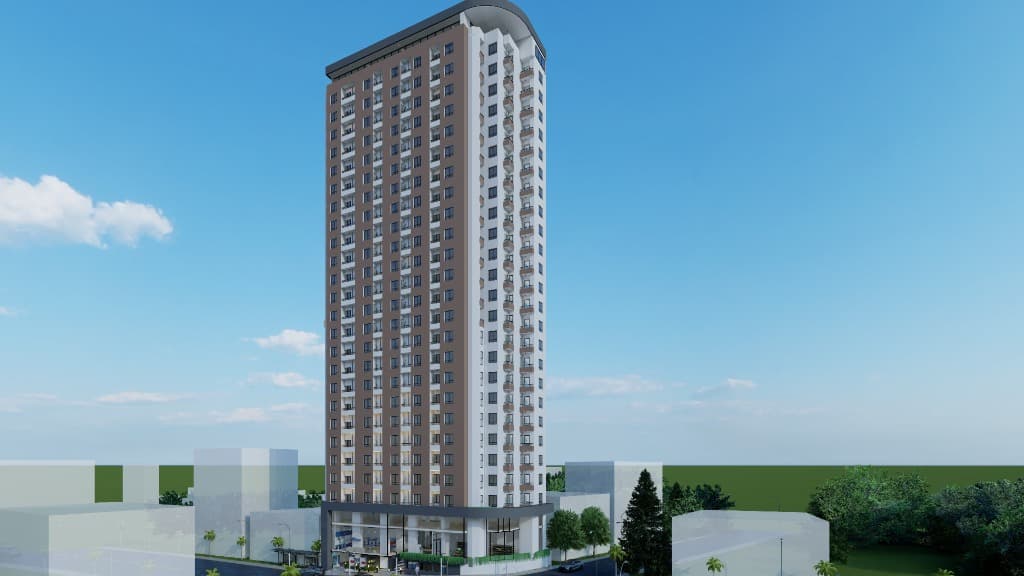 Front elevation perspective highlighting residential glazing and vertical alignment.