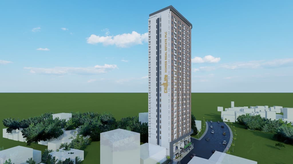 Full vertical architectural perspective with City Life branding and urban approach.
