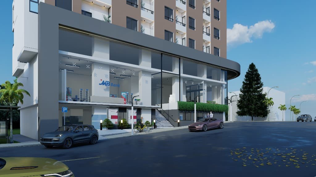 Ground-level commercial arcade and executive lobby entrance plaza.