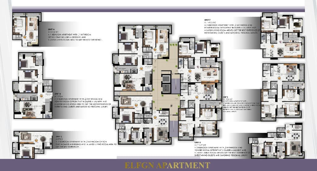 Master architectural floor plan layout plate showcasing typical residential level unit distribution (Units A through F).