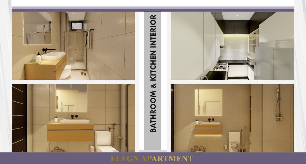 Bathroom & kitchen interior suites with floating timber vanities, backlit LED mirrors, and minimalist culinary joinery.