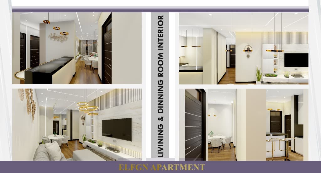 Living & dining room interior with open breakfast bar, fluted marble TV wall, and golden halo chandeliers.
