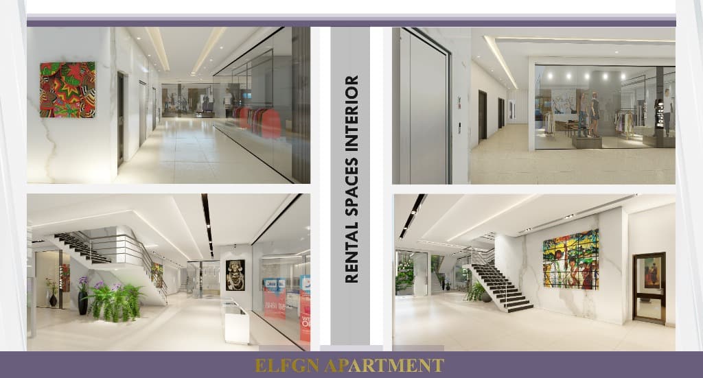 Commercial rental spaces & grand double-height entrance atrium with marble staircase and boutique retail suites.
