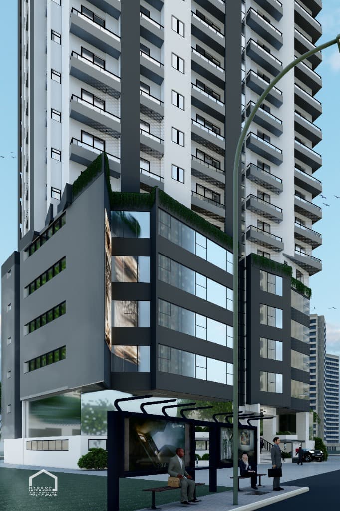 Corner architectural elevation featuring cantilevered commercial podium and urban transit stop.