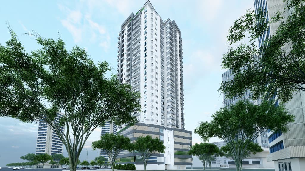Tree-lined boulevard perspective framing the modern residential facade against the sky.