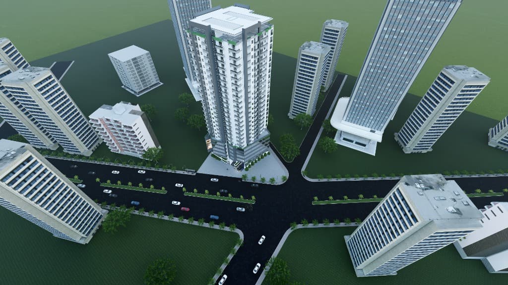 Bird's-eye urban masterplan view showing street grid intersection and tower positioning.