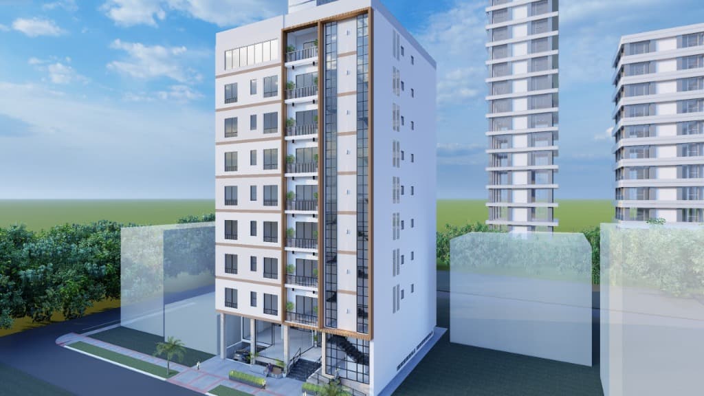 Corner aerial perspective showing the tower massing set within the urban neighbourhood context and surrounding landscape.