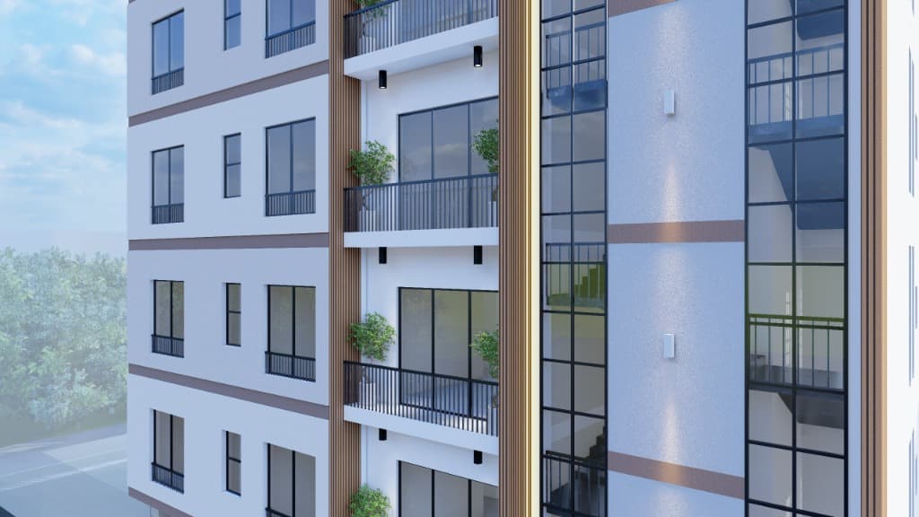 Close-up facade detail of bronze-framed curtain glazing, timber-clad vertical fins, planted balconies, and recessed spot lighting.