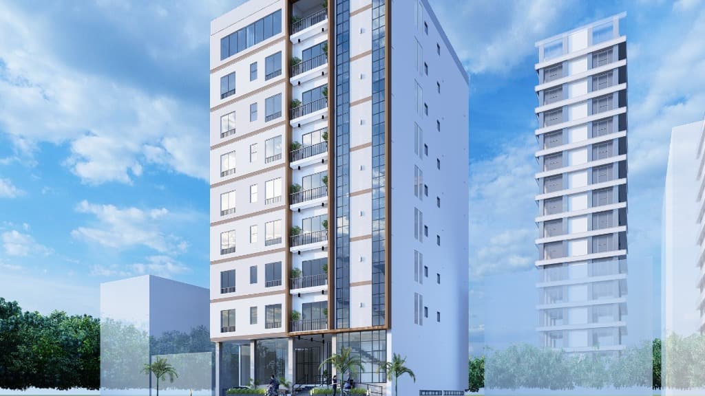 Street-level elevation render highlighting the double-height entrance canopy, ground-floor commercial glazing, and vertical greenery strip.